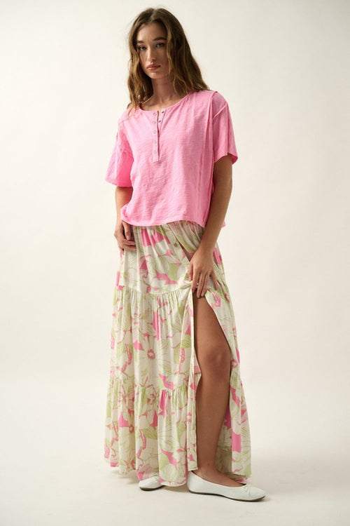 Floral Button Front Smock Elastic Waist Maxi Skirt