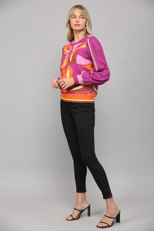 Contrast Lace Sleeve Jacquard Sweater