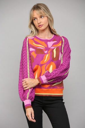 Contrast Lace Sleeve Jacquard Sweater