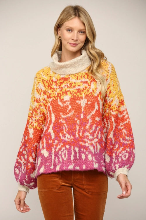 Abstract Pattern Jacquard Knit Turtleneck Sweater