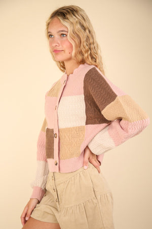 Color Block Button Down Textured Sweater Cardigan