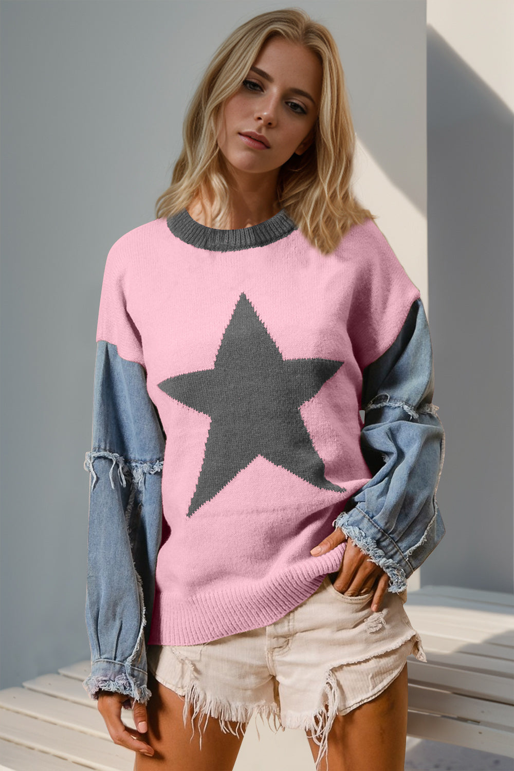 Star Pattern Raw Edge Sweater