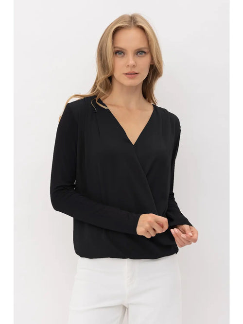 Long Sleeve Contrast Front Wrap Top