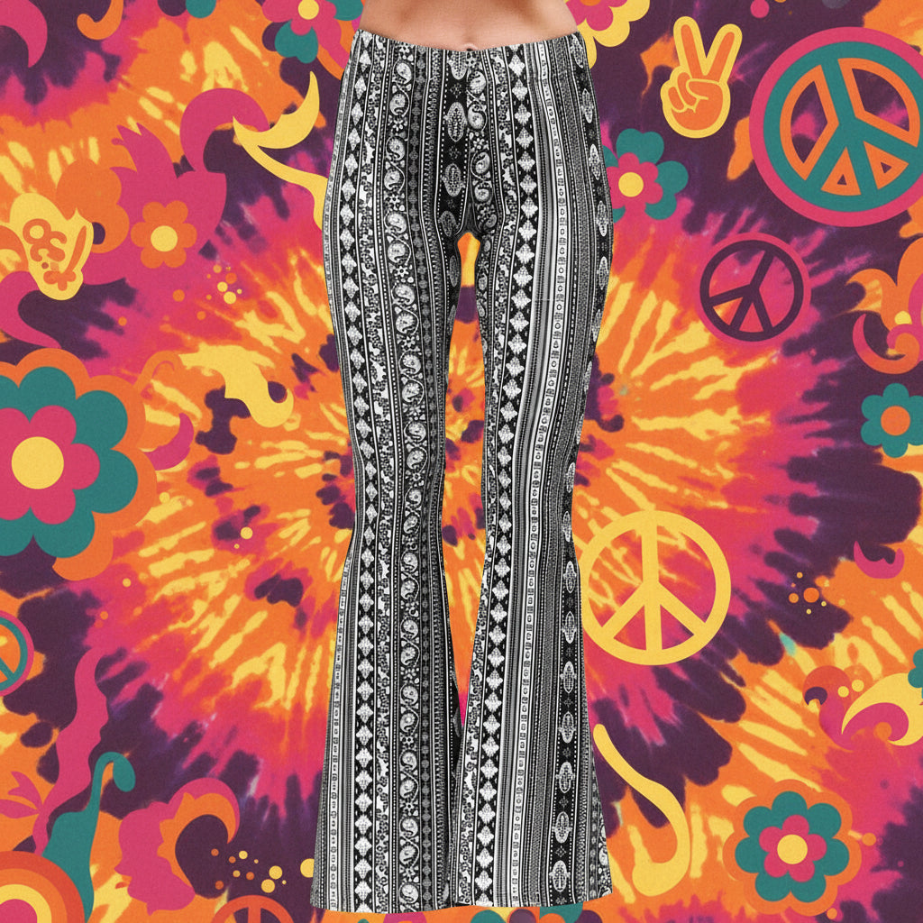 Black/White Paisley Bohemian Bell Bottoms