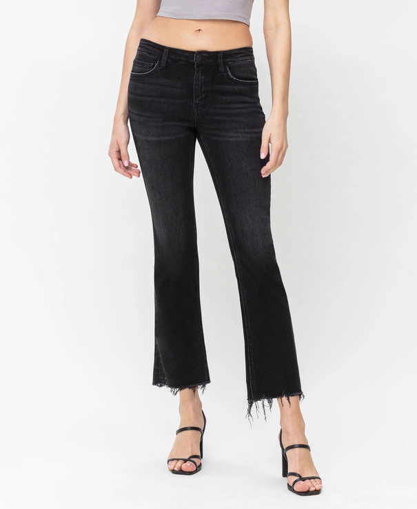 Mid Rise Raw W Distressed Hem Crop Flare