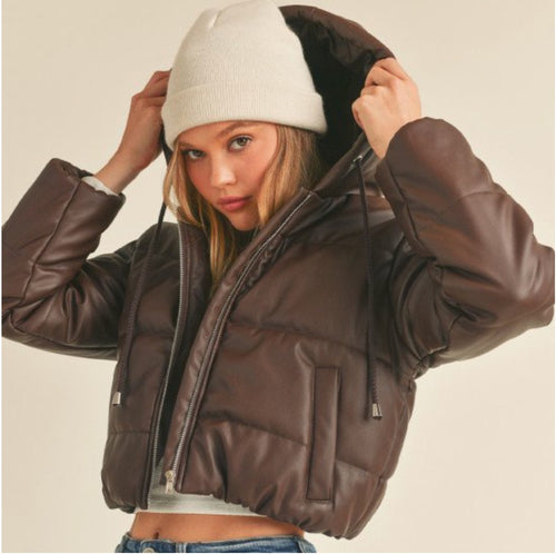 Cropped Vegan Leather Down Jacket