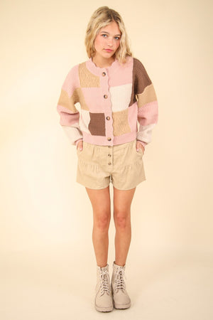 Color Block Button Down Textured Sweater Cardigan