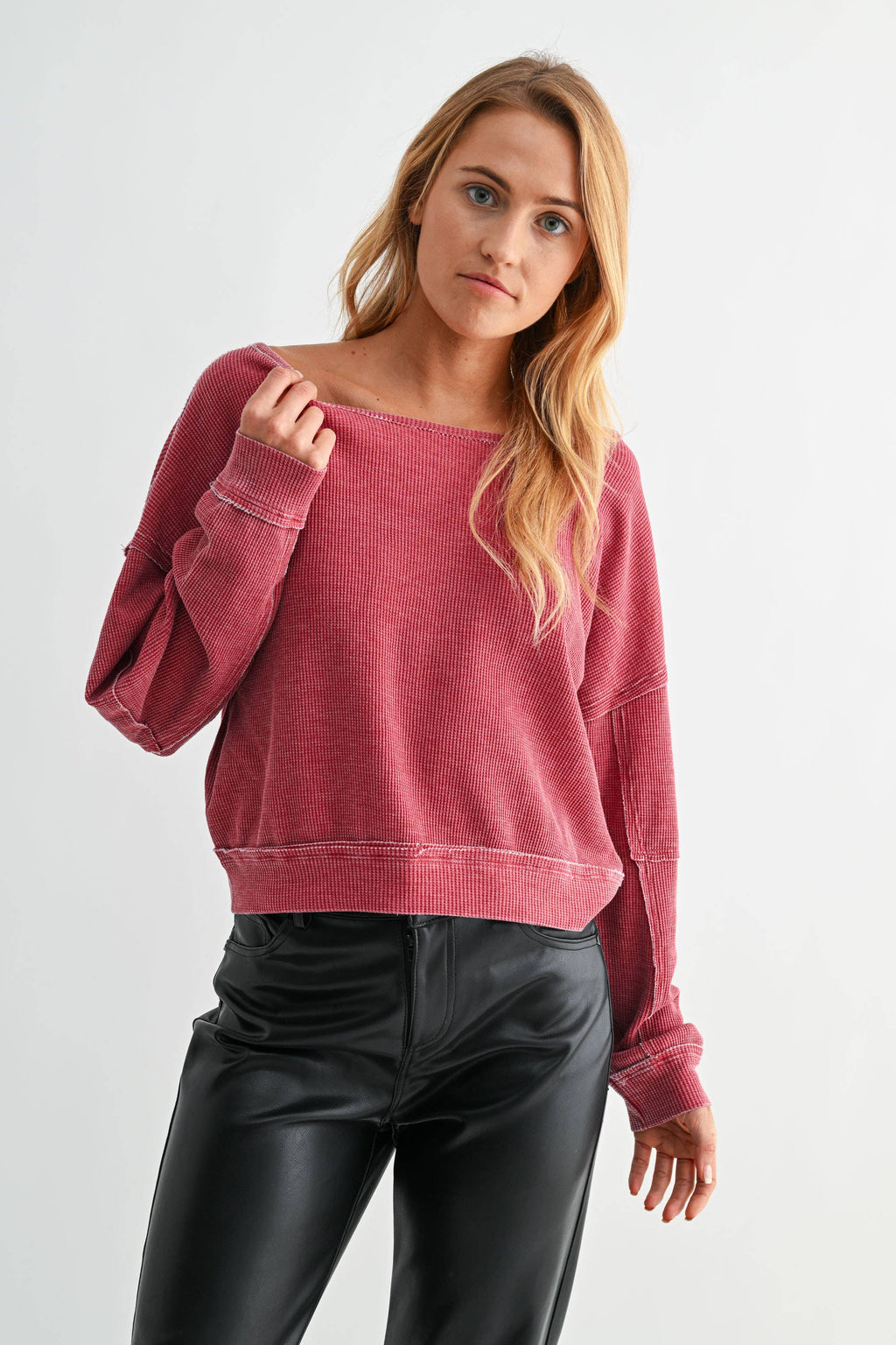 Raw Edge Waffle Knit Pullover
