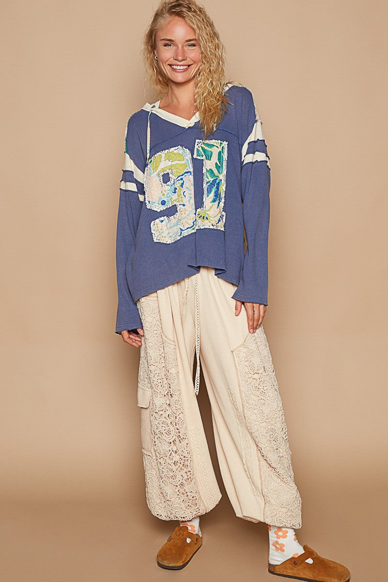 Exposed Seam Number Patch Hooded Top