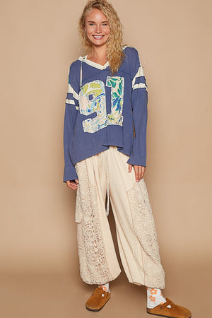 Exposed Seam Number Patch Hooded Top