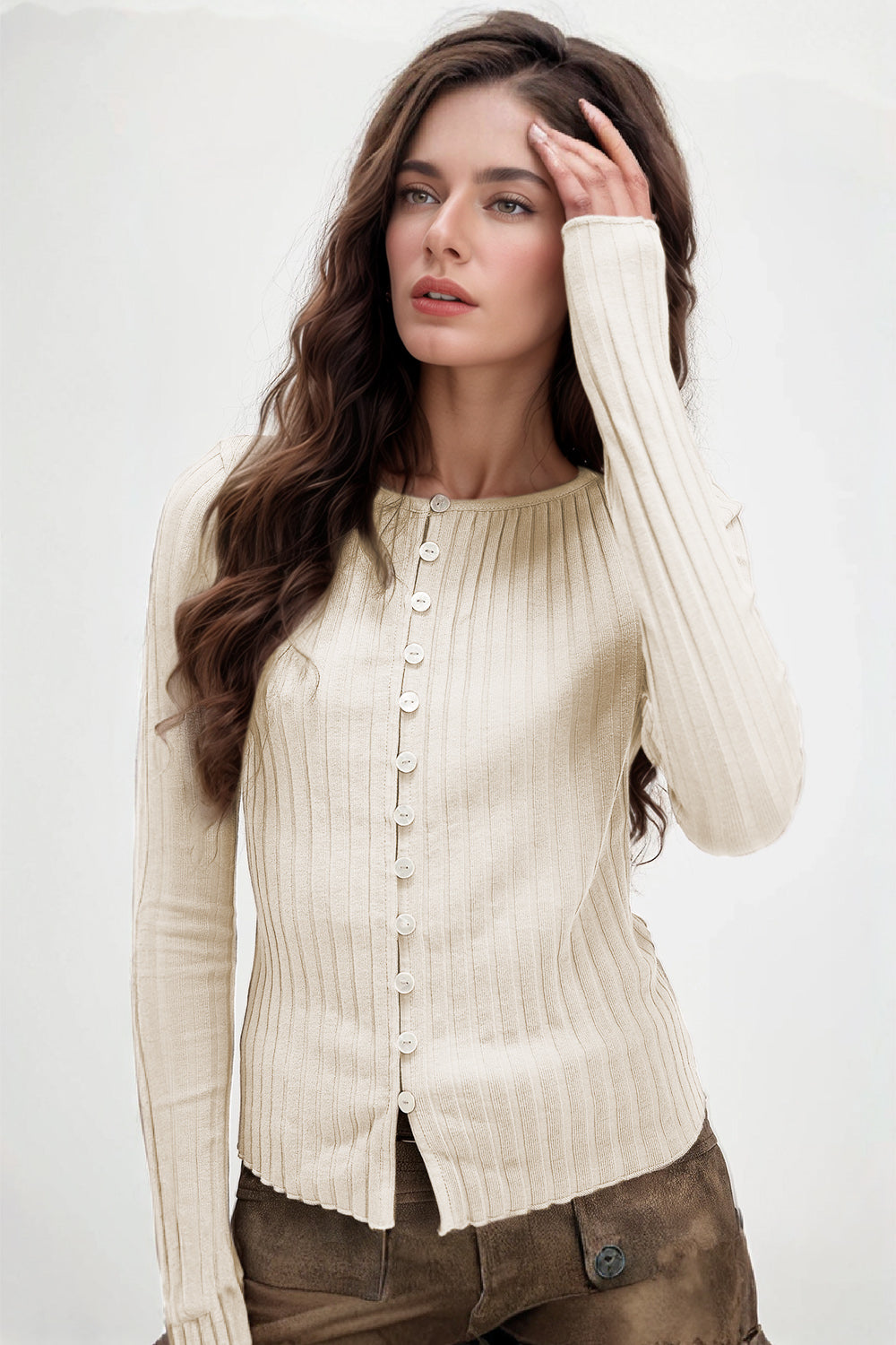 Button Up Round Neck Long Sleeve Top