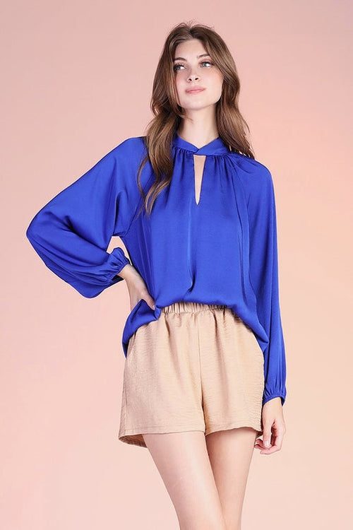 Washed Poly Silk Twisted Neck Long Sleeve Top